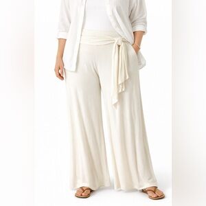 Poliana Plus 3X Ivory Palazzo Pants Wide Leg Tie Waist Rayon Spandex